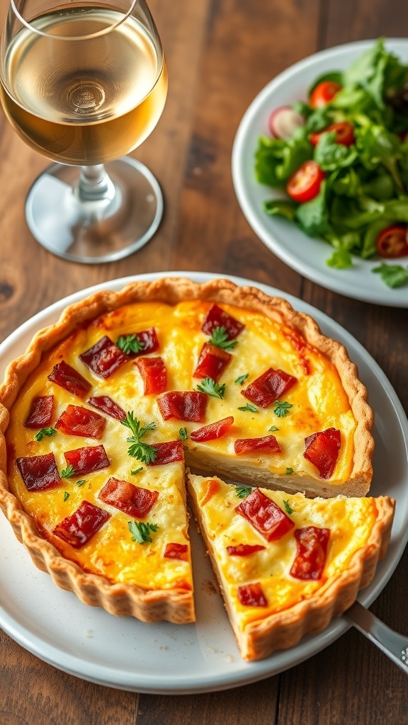 A golden-brown quiche Lorraine with bacon and cheese, garnished with parsley, on a rustic table with a slice cut out.